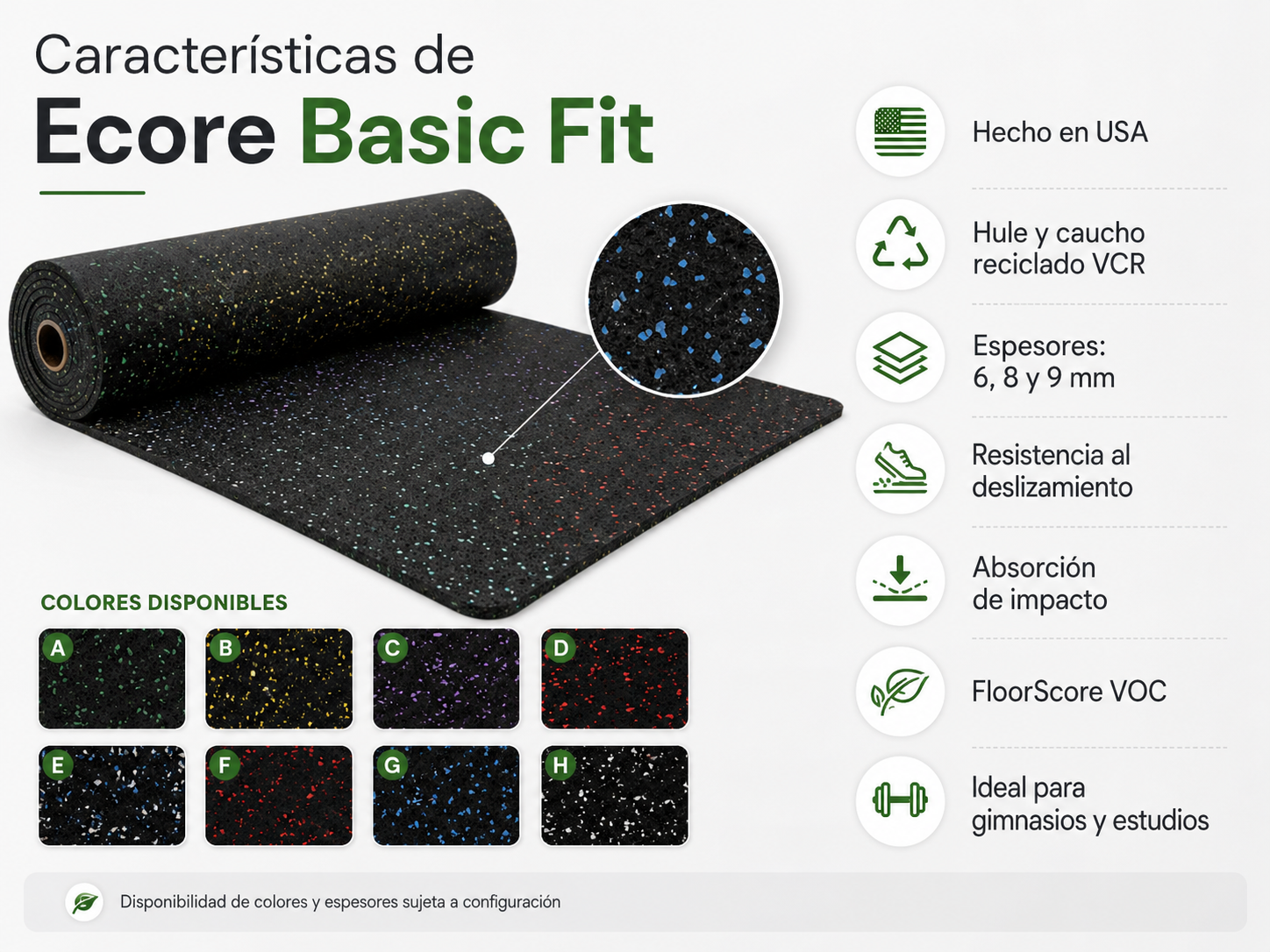 Características del piso Ecore Basic Fit de hule y caucho reciclado para gimnasio